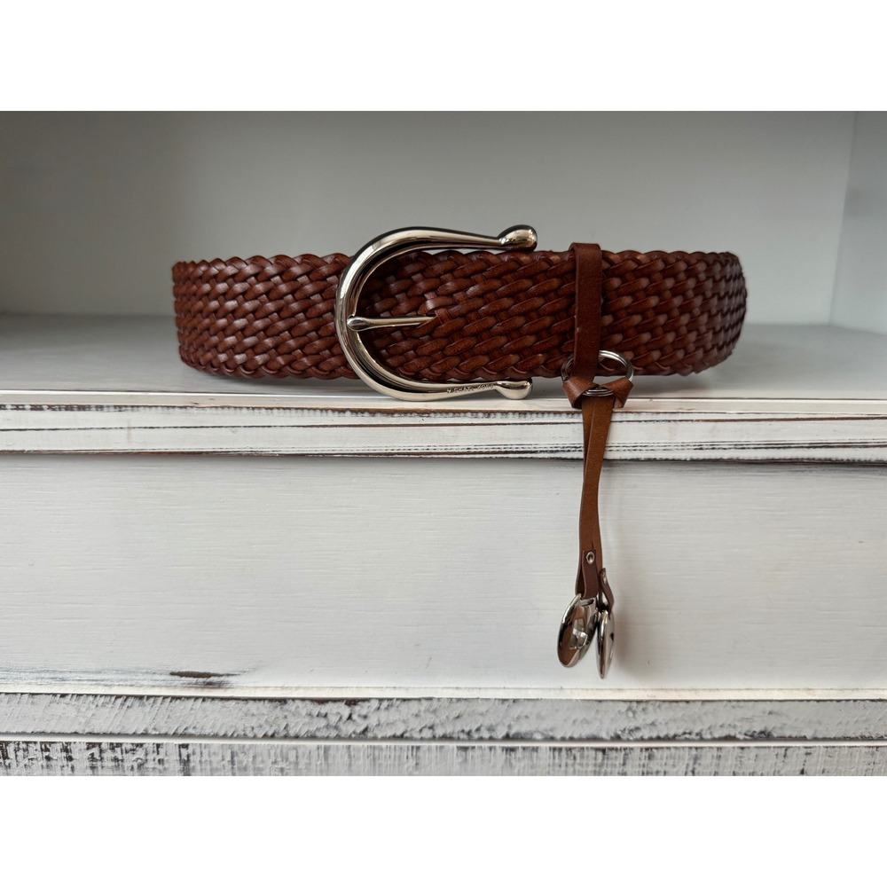 NWT Michael Kors Braided Leather Belt Brown Silver MK Logo Charms Size M